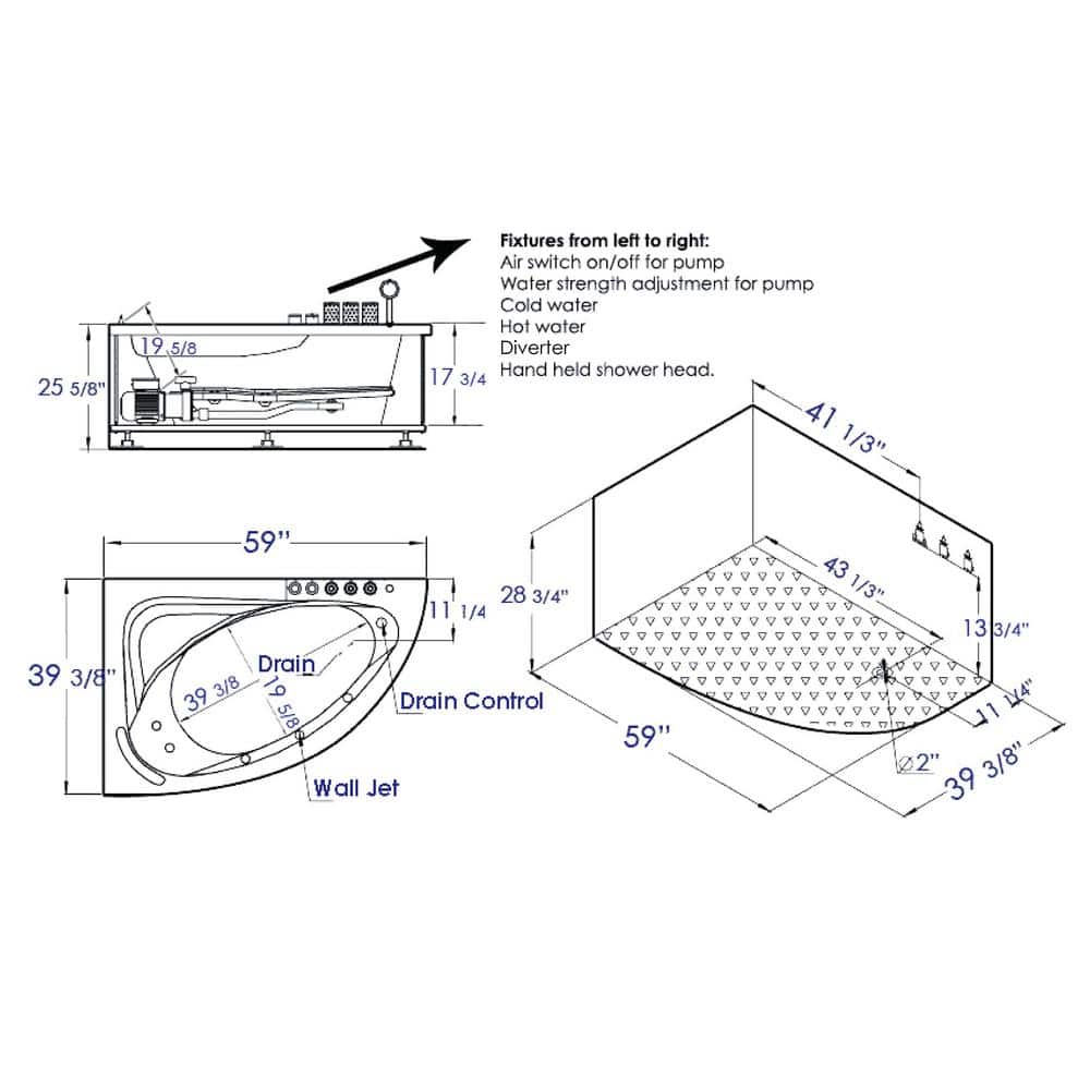 59'' White Corner Acrylic Whirlpool Bathtub with Faucet