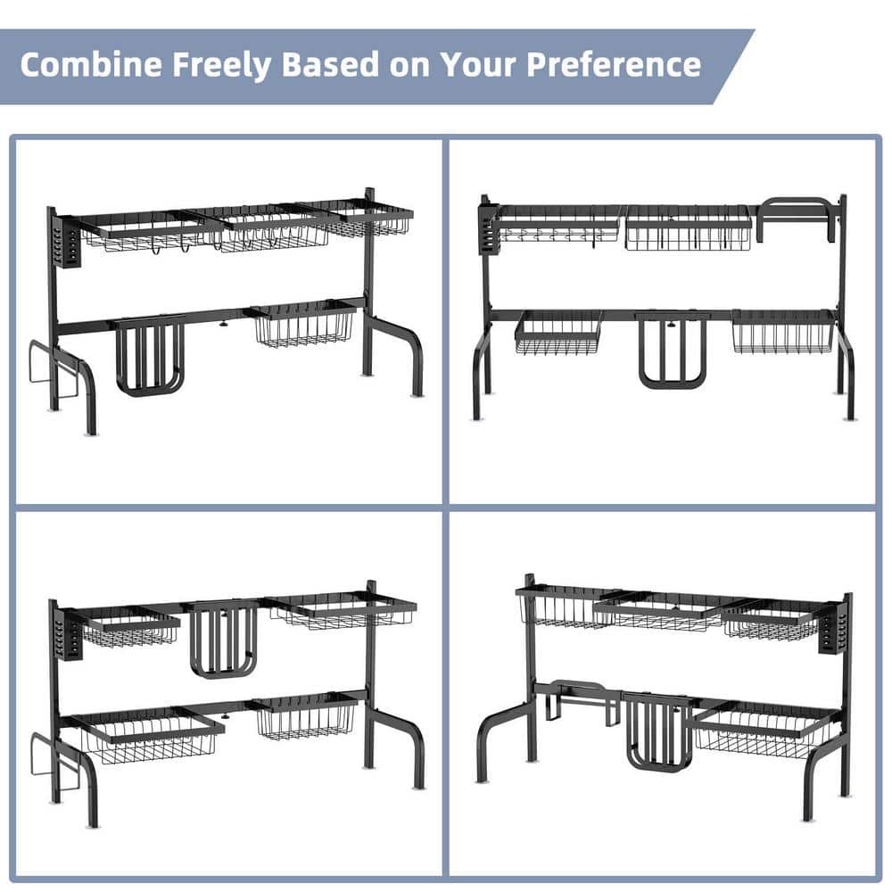 Adjustable Black Steel Over Sink Dish Drying Rack with Hooks