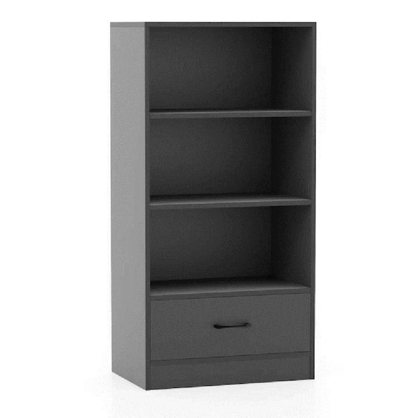 HONEY JOY 48 in. Tall Grey Wood 3- Open Shelf Bookcase Storage Drawer Modern Freestanding Display Shelf