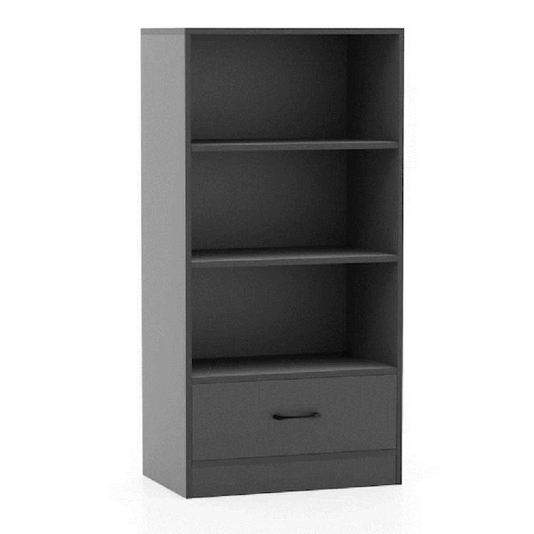 HONEY JOY 48 in. Tall Grey Wood 3- Open Shelf Bookcase w/Storage Drawer Modern Freestanding Display Shelf