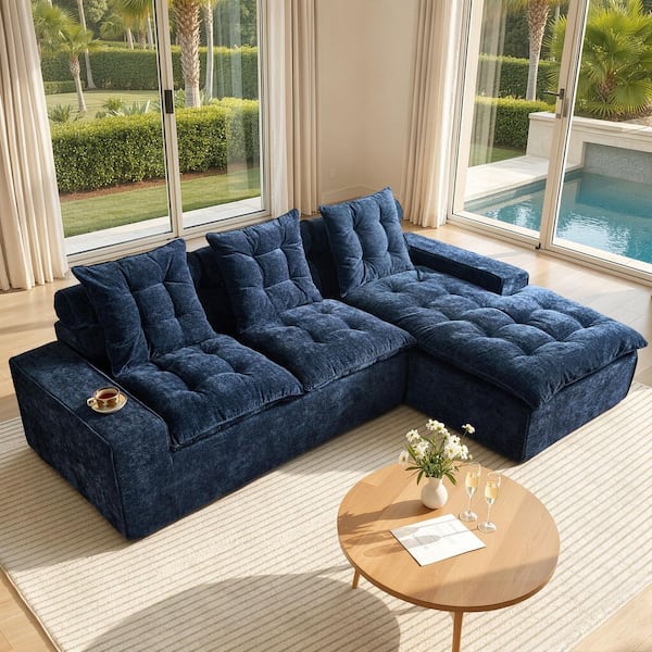 YAMI 106 in. Wide Arm 2-Piece Modern Chenille L-Shape Modular Boneless Couch Sectional Sofa in Blue with Right Chaise