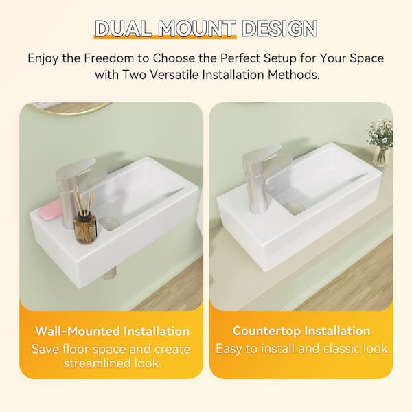 14.56 in. Ceramic Wall-Mounted Rectangular Bathroom Sink Left Hand with Single Faucet Hole in White Floating Vessel Sink