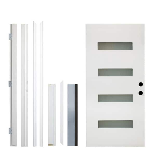 36 in. x 80 in. 4 Lite White Finish Left-Hand Inswing Frosted Glass Fiberglass Prehung Front Door with Hinge, Threshold