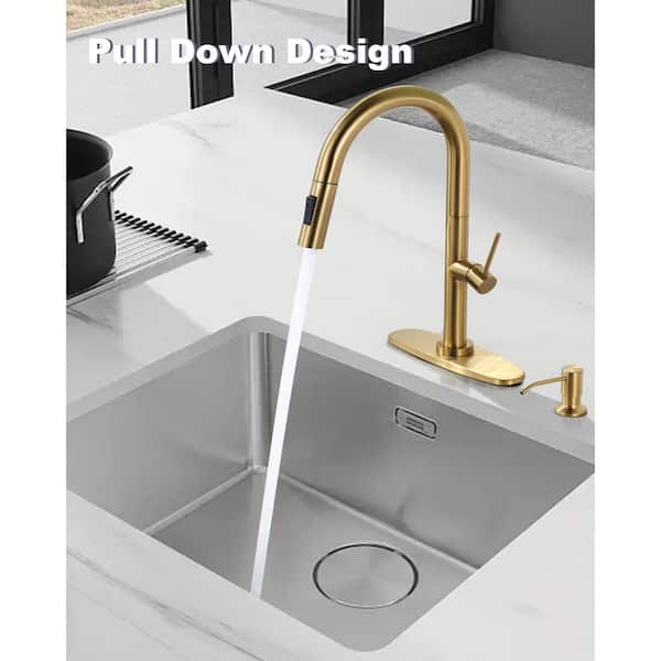 Stainless Steel Single Handle Pull-Down Sprayer Kitchen Faucet Set with Soap Dispenser in Brushed Gold