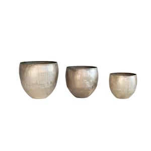 Various Distressed Pewter Finish Round Metal Decorative Pots (3-Pack)