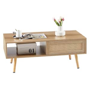 41.34 in. Rectangle Wood Top Rattan Coffee table with Storage,Natural Wood