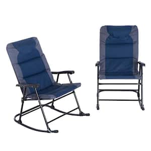 Outdoor Rocking Chair Set Navy Blue Metal Outdoor Rocking Chair with Folding Design and Armrests for Porch