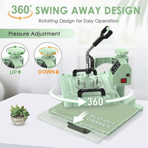 5 in 1 Green T-Shirt Heat Press Machine 12x15 Inch 360° Swing Away Digital with 30 oz. Tumbler Attachment