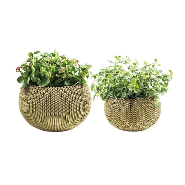 Keter Knit Cozie 11 in. and 14.2 in. Dia Citrus Green Small and Medium Planters (Set of 2)