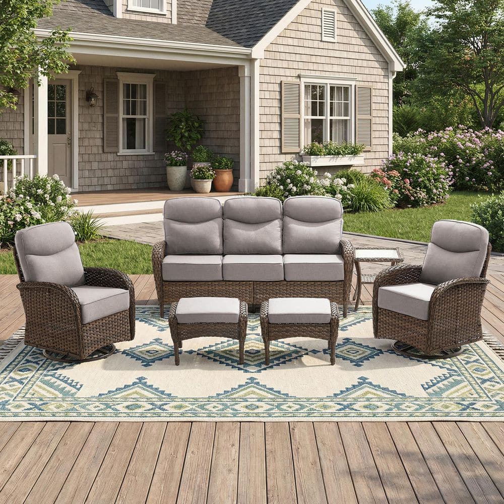 Moonridge 6-Piece Brown Wicker Patio Conversation Set with 6 in. Olefin Beige Cushions/Patio Swivel Chair with Sofa price history on PriceWatchPro
