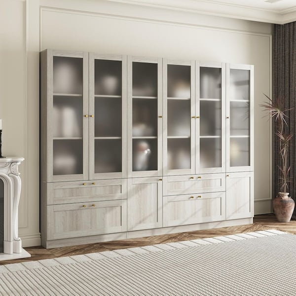 FUFU&GAGA 70.9 in. Tall 10-Shelf Gray Wood Grain Standard Bookcase Bookshelf with Adjustable Shelves, Frosted Glass Doors, Drawers