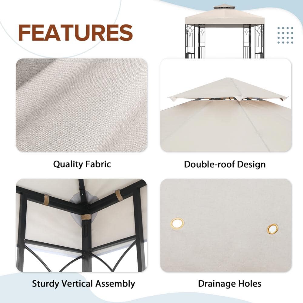 Beige Powder Coated Steel Patio Gazebo with Double Roof