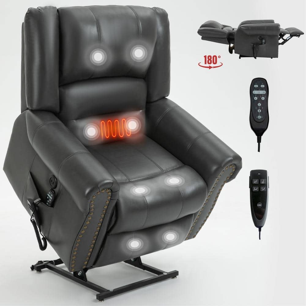 Z-joyee Gray Faux Leather Recliner Heat Massage Dual Motor