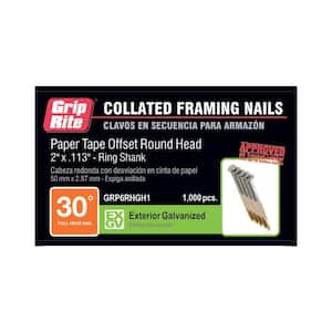 2 in. x 0.113 in. 30° Paper Collated Hot Galvanized Ring Shank Framing Nails 1000 per Box