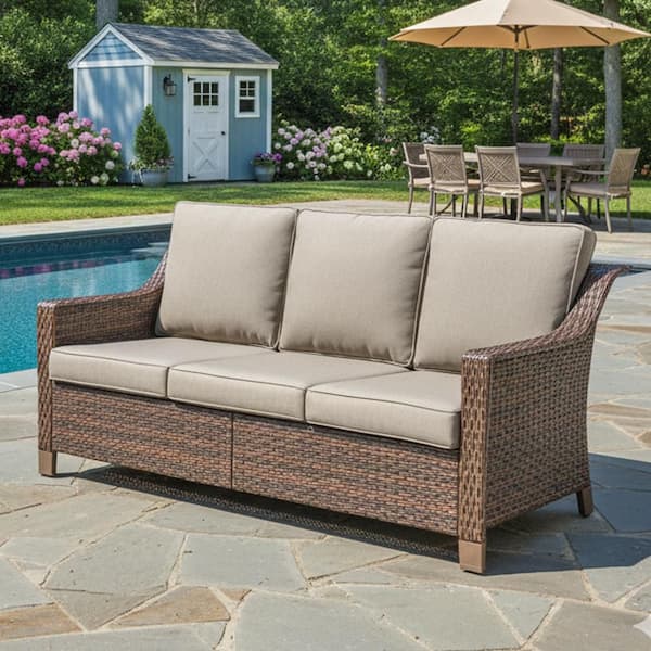 Skinny Guy Series 3-Seat Brown Wicker Outdoor Patio Sofa Couch with Cushion Guard Beige Cushions