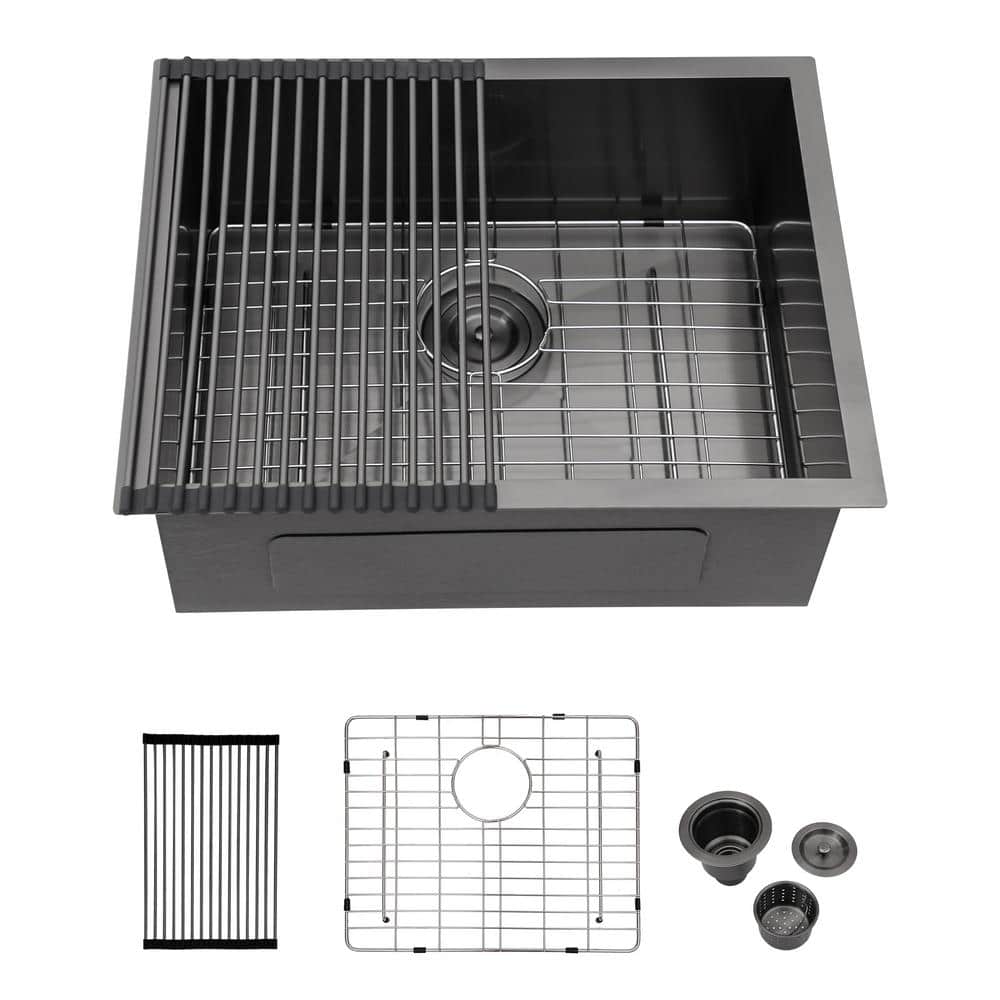 23 in. Undermount Single Bowl 18-Gauge Gunmetal Black Stainless Steel Kitchen Sink with Bottom Grids and Roll-Up Rack