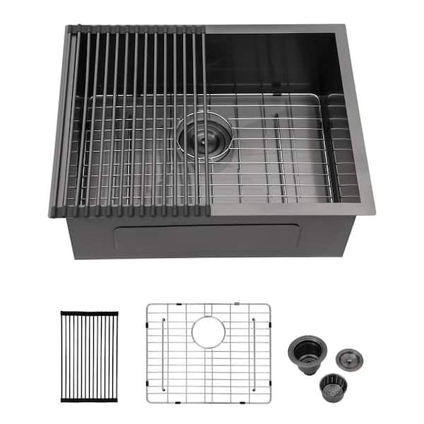 Unbranded 23 in. Undermount Single Bowl 18-Gauge Gunmetal Black Stainless Steel Kitchen Sink with Bottom Grids and Roll-Up Rack
