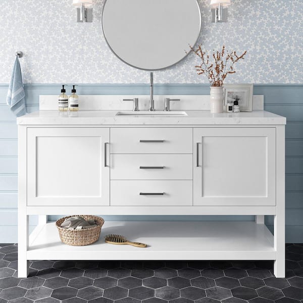 ARIEL Bayhill 60.25 in. W x 22 in. D x 36 in. H Single Sink Freestanding Bath Vanity in White with Man-Made Stone Top