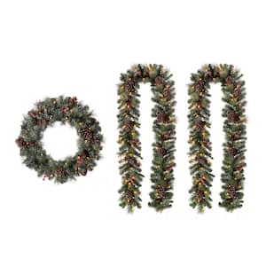 24 in. D 9 ft. L Pre-Lit Glittered Pine Cone Artificial Christmas Garland Set and Wreath (2-Pack)