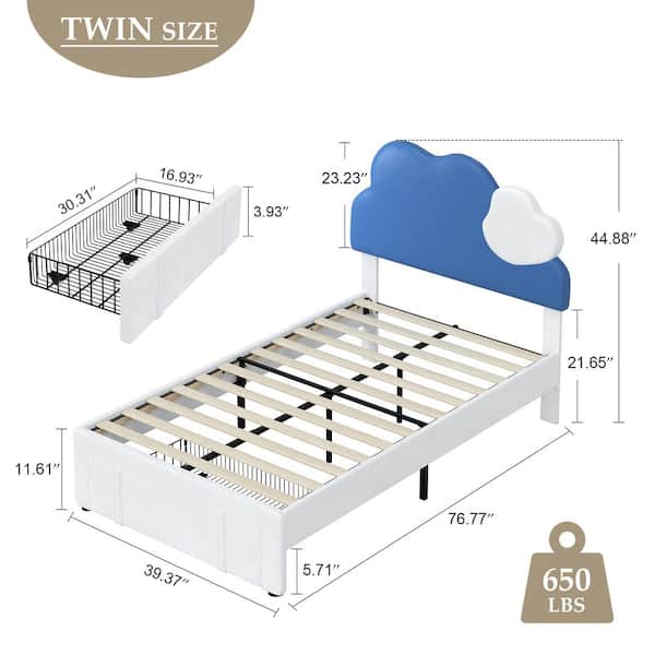 Upholstered Bed Blue Metal Frame Twin Platform Bed with Storage Drawer for Kids, Cloud-Shaped Headboard and Wooden Slats