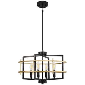 4-Light Black and Gold Chandelier with Cage Shade for Dining Room with No Bulbs Included