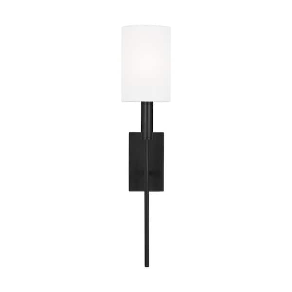 Generation Lighting Brianna 1-Light Aged Iron Tail Wall Sconce with Optional White Linen Shade
