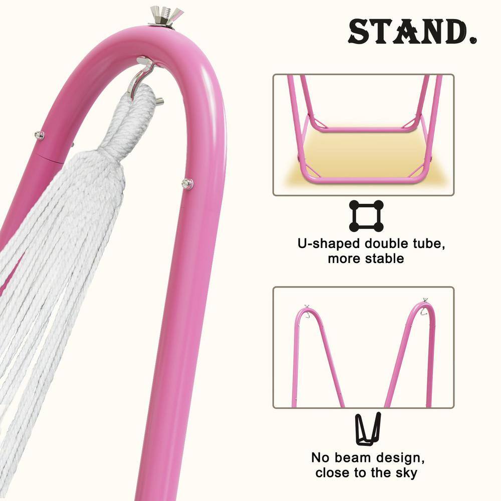 Close-up of the pink metal frame and white rope attachment of the hammock stand.