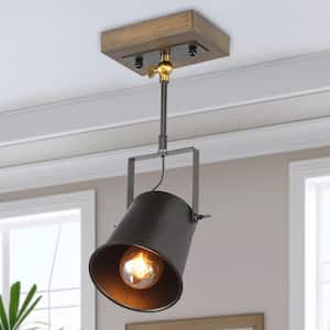 Modern Farmhouse Black Wood Track Lighting, 1-Light Semi-Flush Mount Ceiling Light with Adjustable Metal Cylinder Head