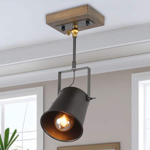 LNC Modern Farmhouse Black Wood Track Lighting, 1-Light Semi-Flush Mount Ceiling Light with Adjustable Metal Cylinder Head
