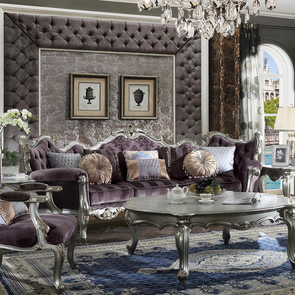 Picardy Antique Platinum Velvet Sofa with 8 Pillows