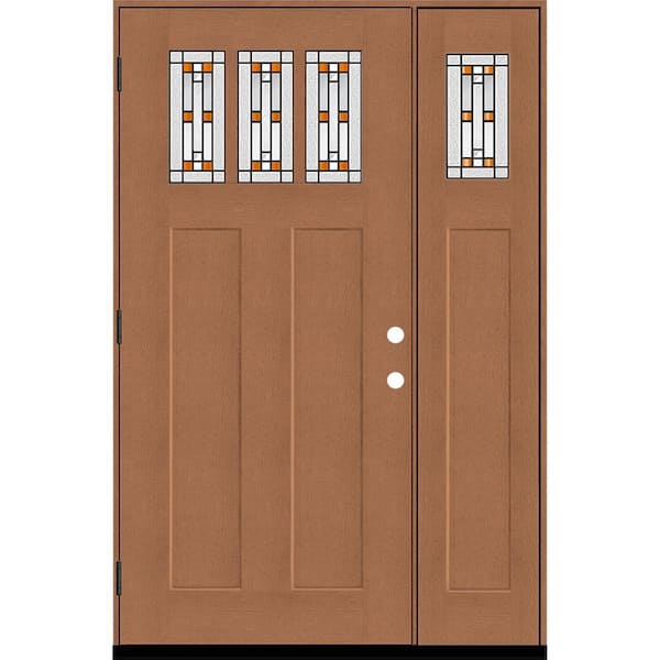 Steves & Sons Regency 53 in. x 80 in. 3Lite Amberton Deco Glass RHOS AutumnWh Stain Fir Grain Fiberglass Prehung Front Door w/14in.SL