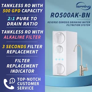 NSF-Certified 500 GPD Tankless Reverse Osmosis System w/ Alkaline, Reduces PFAS, Lead, Fluoride, Brushed Nickel Faucet