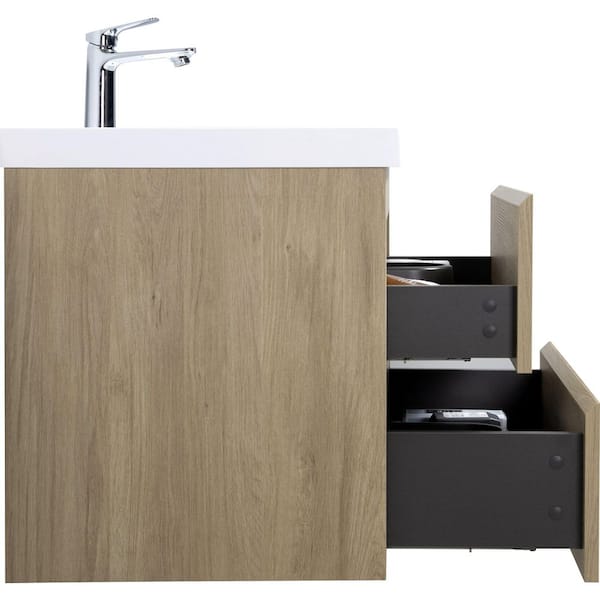 Espace 29.5 in. Modern Wall-Mounted Floating Natural Oak Bath Vanity with White Resin Top, Drawers