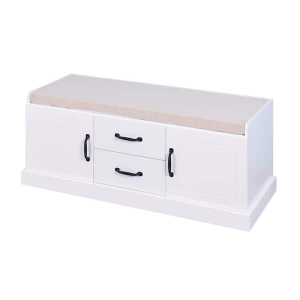 Spencer 17.52 in. H x 42.52 in. W White MDF Shoe Storage Bench with Drawers and Doors