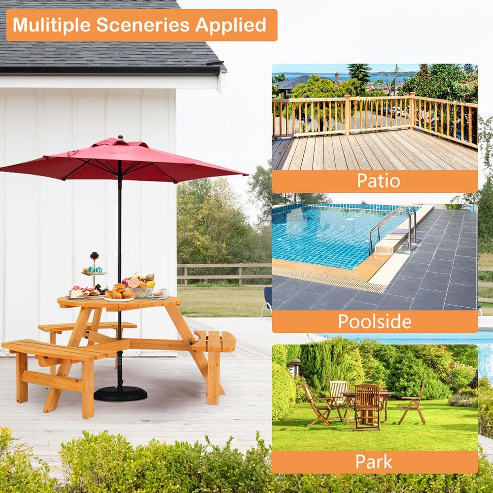 Natural Wood 6-Person Circular Picnic Table with Benches
