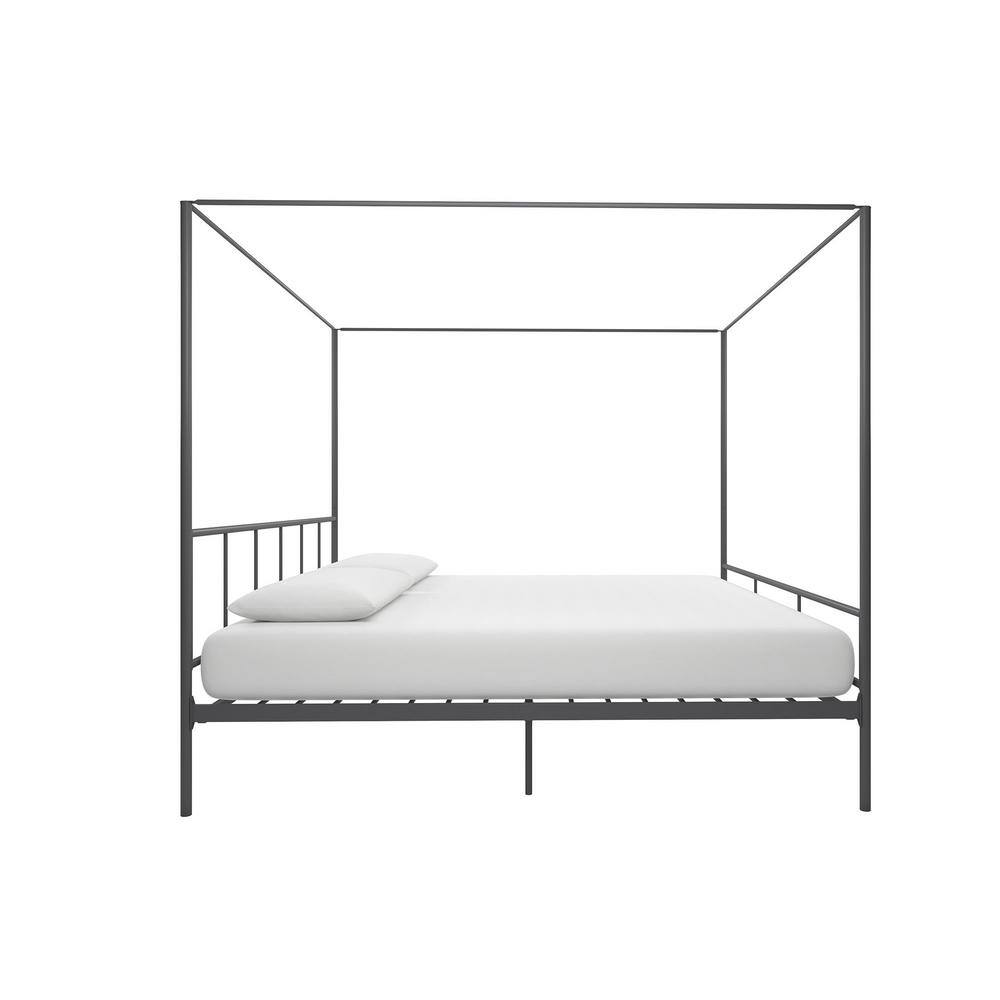 King Size Dark Gray Metal Canopy Platform Bed with Headboard