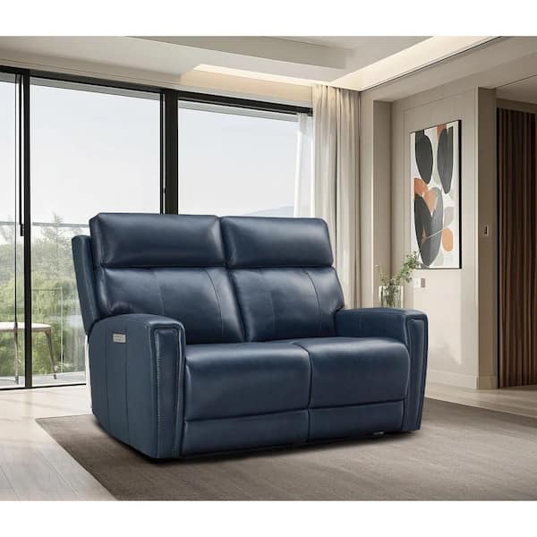 Eve 59in. Genuine Leather Dual Power Reclining Loveseat  Zero Gravity  Adjustable Headrest  USB/Type C Ports Dark Blue
