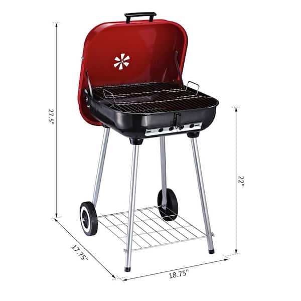 Outsunny 19 in. Steel Portable Outdoor Wheeled Charcoal Grill in Red Storage Rack and Air Vent Heat Control 01-0569 - The Home Depot
