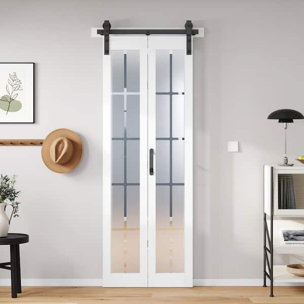 30 in. x 84 in. Full Lite Pre Assembled Frosted Glass Solid Core Wood White Finished Bi-Fold Door with Hardware