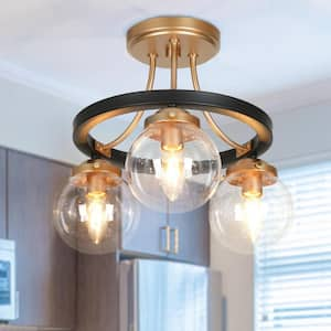 14.5 in. Modern 3-Light Dark Gold Semi-Flush Mount Light, Black Circular Kitchen Ceiling Light with Seeded Glass Shade