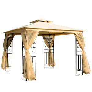 10 ft. x 10 ft. Beige Double-Roof Metal Patio Gazebo with Tree Motif Corner Frame and Netting for Outdoor Shelter
