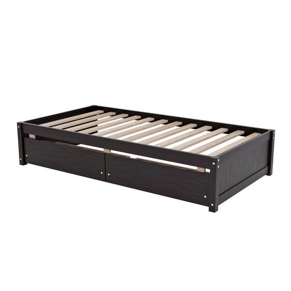 wetiny Black Wood Frame Twin Platform Bed with 2 Drawers