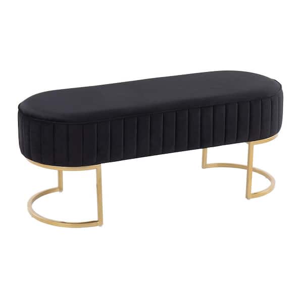 Lumisource Demi Black Velvet and Gold Steel Pleated Bench (16.5 in. x 41 in. x 16 in. )