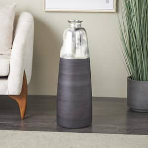 Black Tall Brushed 2-Toned Floor Glass Decorative Vase with Textured Silver Top