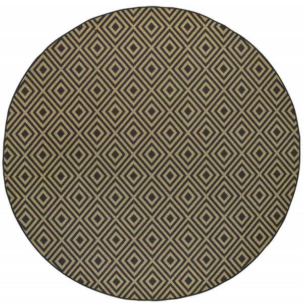 HomeRoots Black, Tan 8 ft. x 8 ft. Loomed Geometric Polypropylene Round Indoor/Outdoor Area Rug
