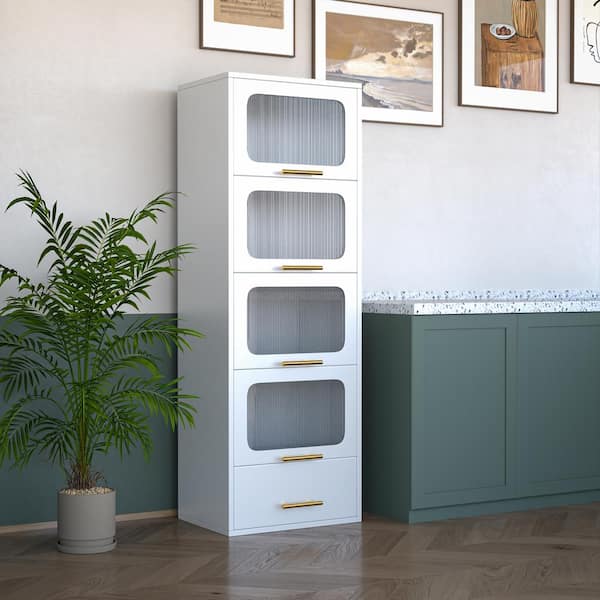Zeus & Ruta 21.65 in. W x 15.75 in. D x 63 in. H White Linen Cabinet with 4 Transparent Flip Doors and Drawer