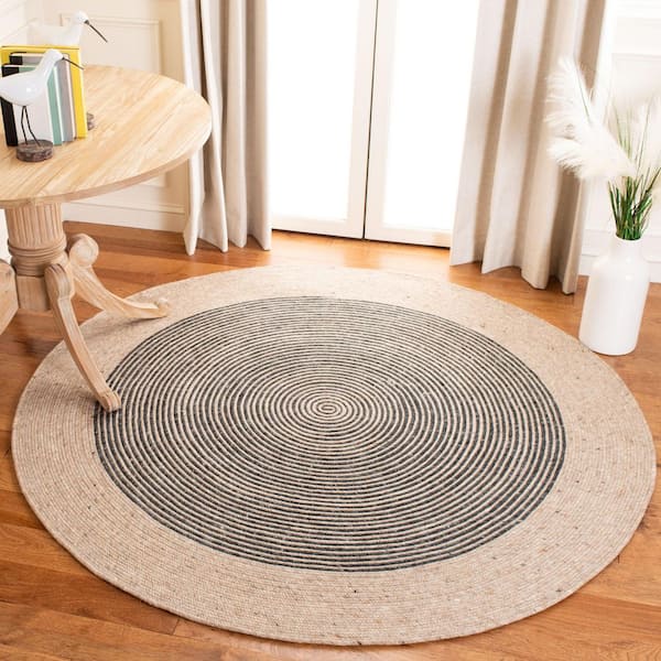 Braided Beige/Black 10 ft. x 10 ft. Striped Round Area Rug