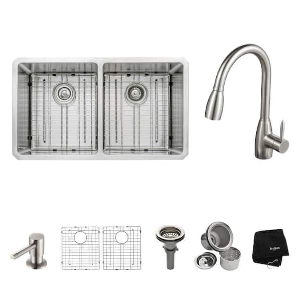 KRAUS All-in-One Undermount Stainless Steel 33 in. Double Bowl Kitchen Sink with Faucet and Accessories in Stainless Steel