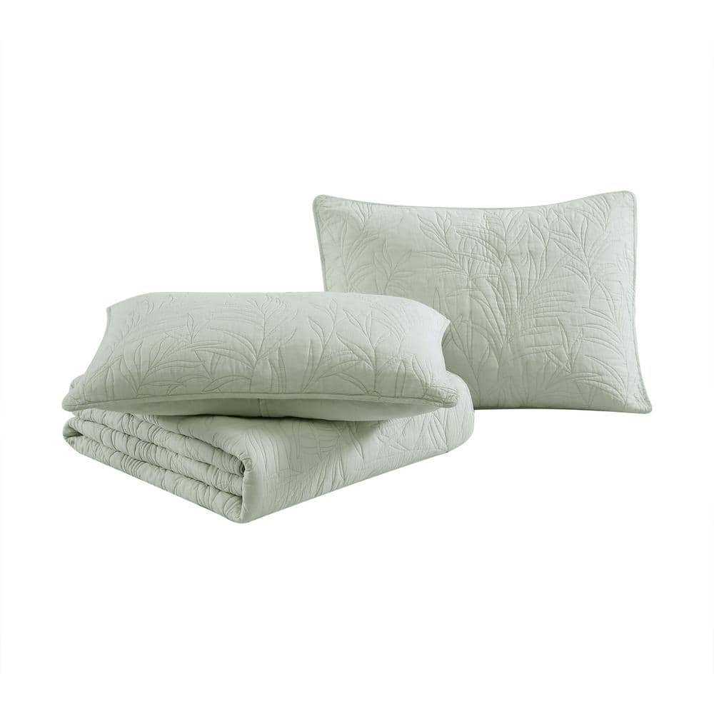 Sage Green Cotton Twin Quilt Set with Floral Stitch