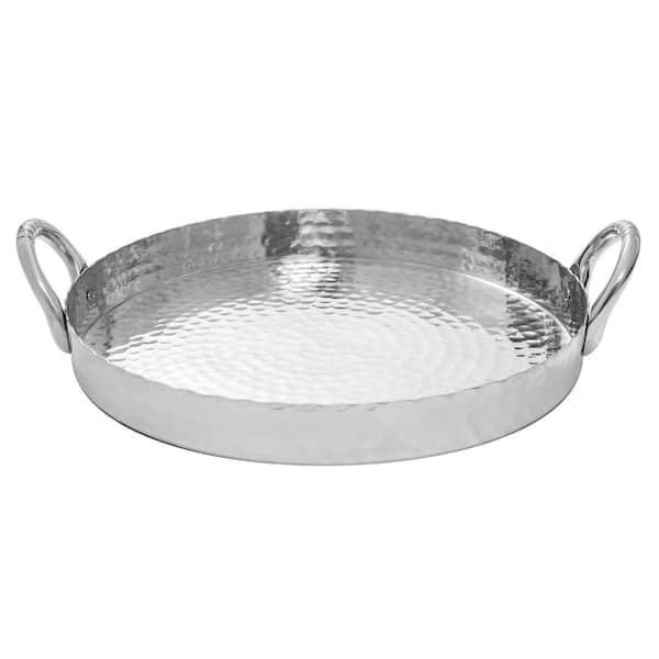 Round Hammered Scalloped Metal Tray, Metal Round Tray With Handles